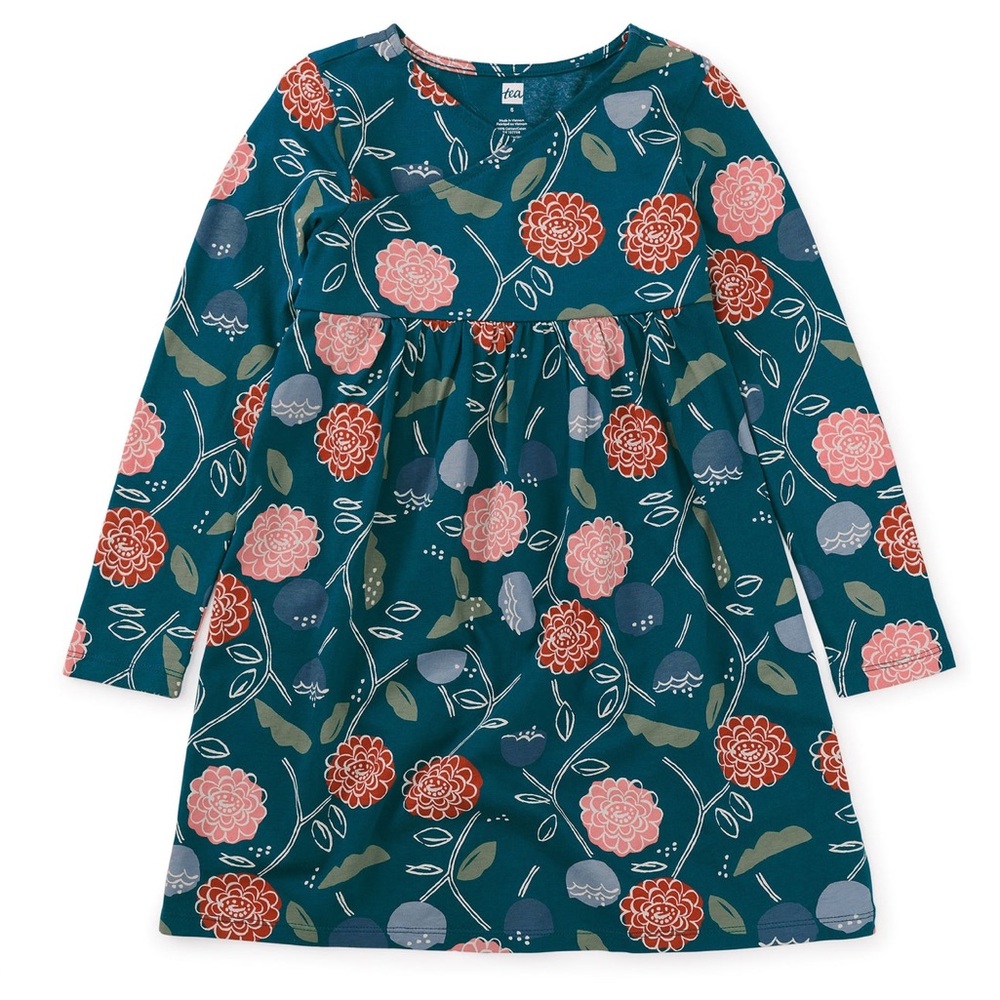 Tea Collection Teal Floral Fit-and-Flare Long Sleeve Dress